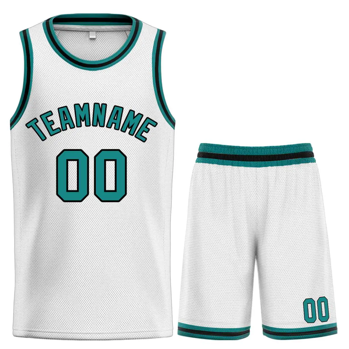 White Teal-Black Classic Curved Sets Basketball Jersey
