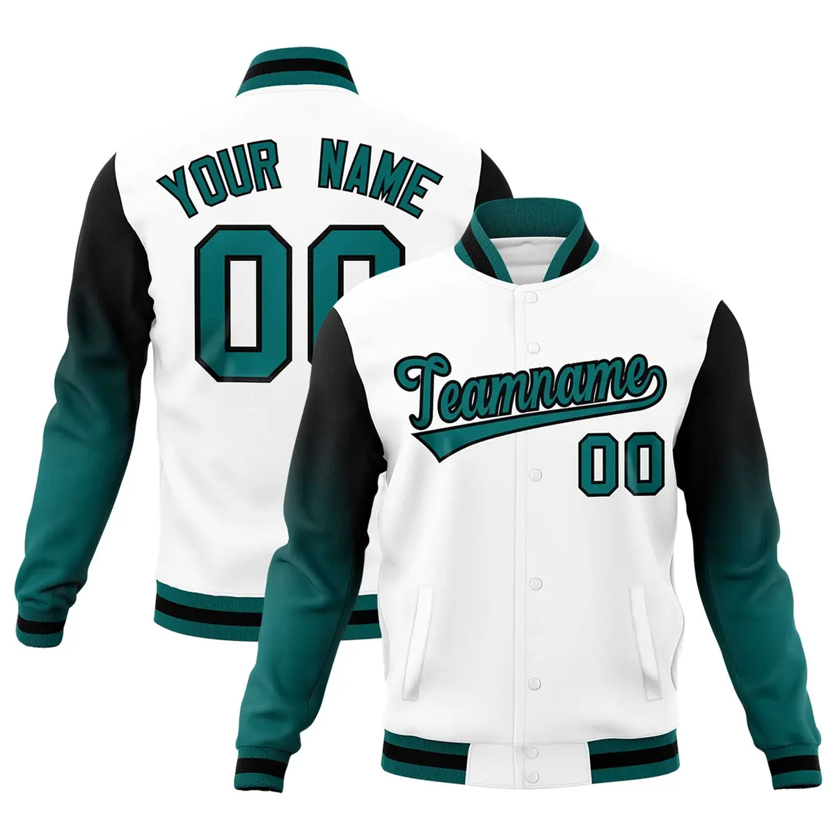 White Teal Black Gradient Raglan Full-Snap Letterman Jacket