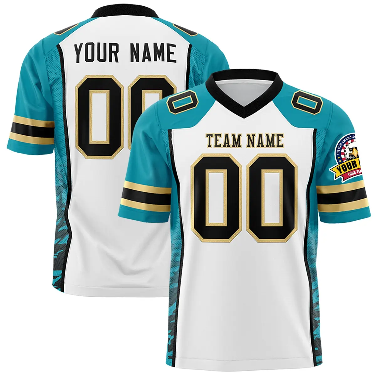 White Teal-Black Raglan Side Pattern Football Jersey