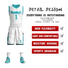 White Teal Double Side Mesh Sportswear Basketball Jersey 2