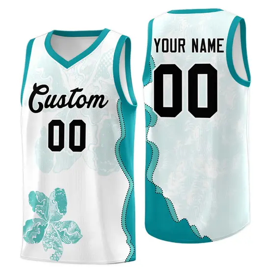 White Teal Illusion Flower Graffiti Basketball Jersey