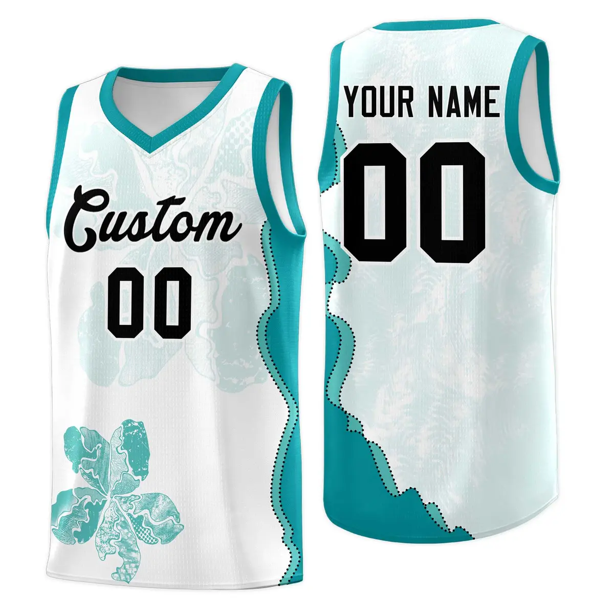 White Teal Illusion Flower Graffiti Basketball Jersey