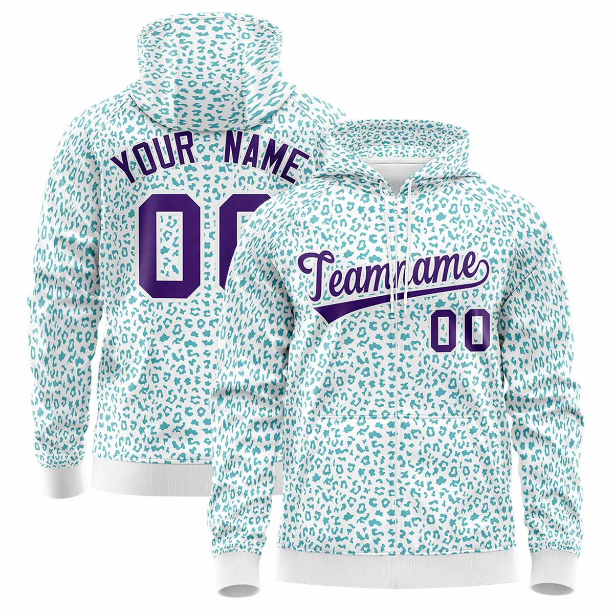 White Teal Leopard Print Varsity Full-Zip Letterman Jacket Hoodie
