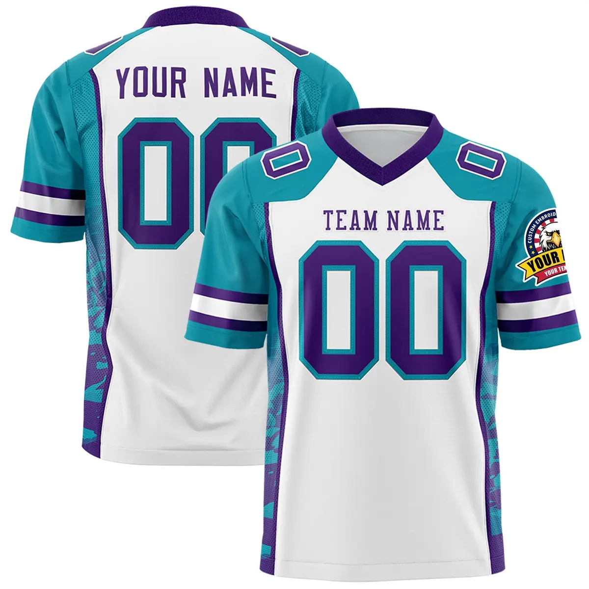 White Teal-Purple Raglan Side Pattern Football Jersey