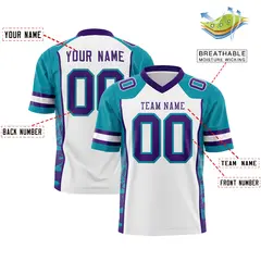 White Teal-Purple Raglan Side Pattern Football Jersey 2