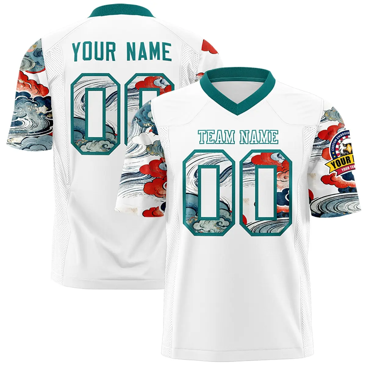 White Teal Sleeve Ukiyo-e Auspicious Clouds Graffiti Football Jersey