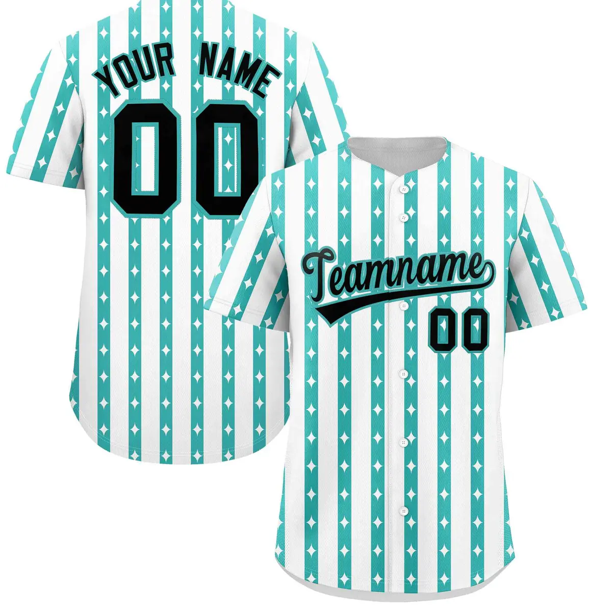 White Teal Thick Striped Star Pattern Baseball Jersey