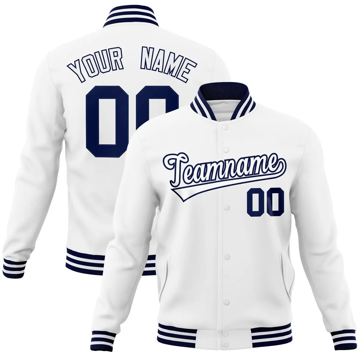 White White-Navy Classic Varsity Full-Snap Letterman Jacket