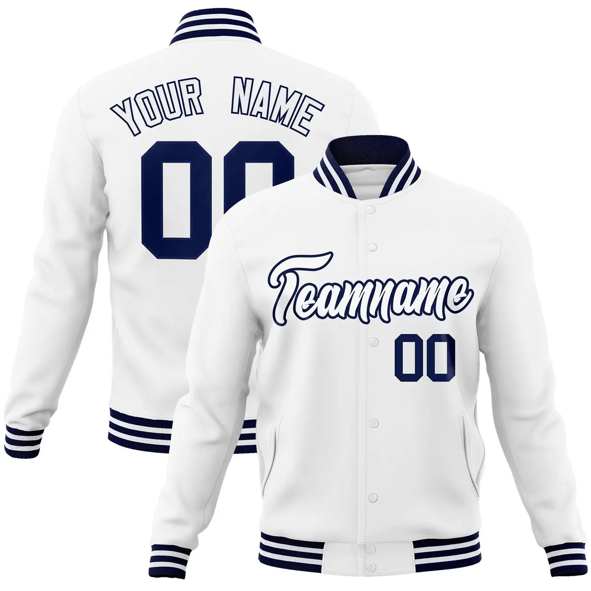 White White-Navy Classic Varsity Full-Snap Letterman Jacket