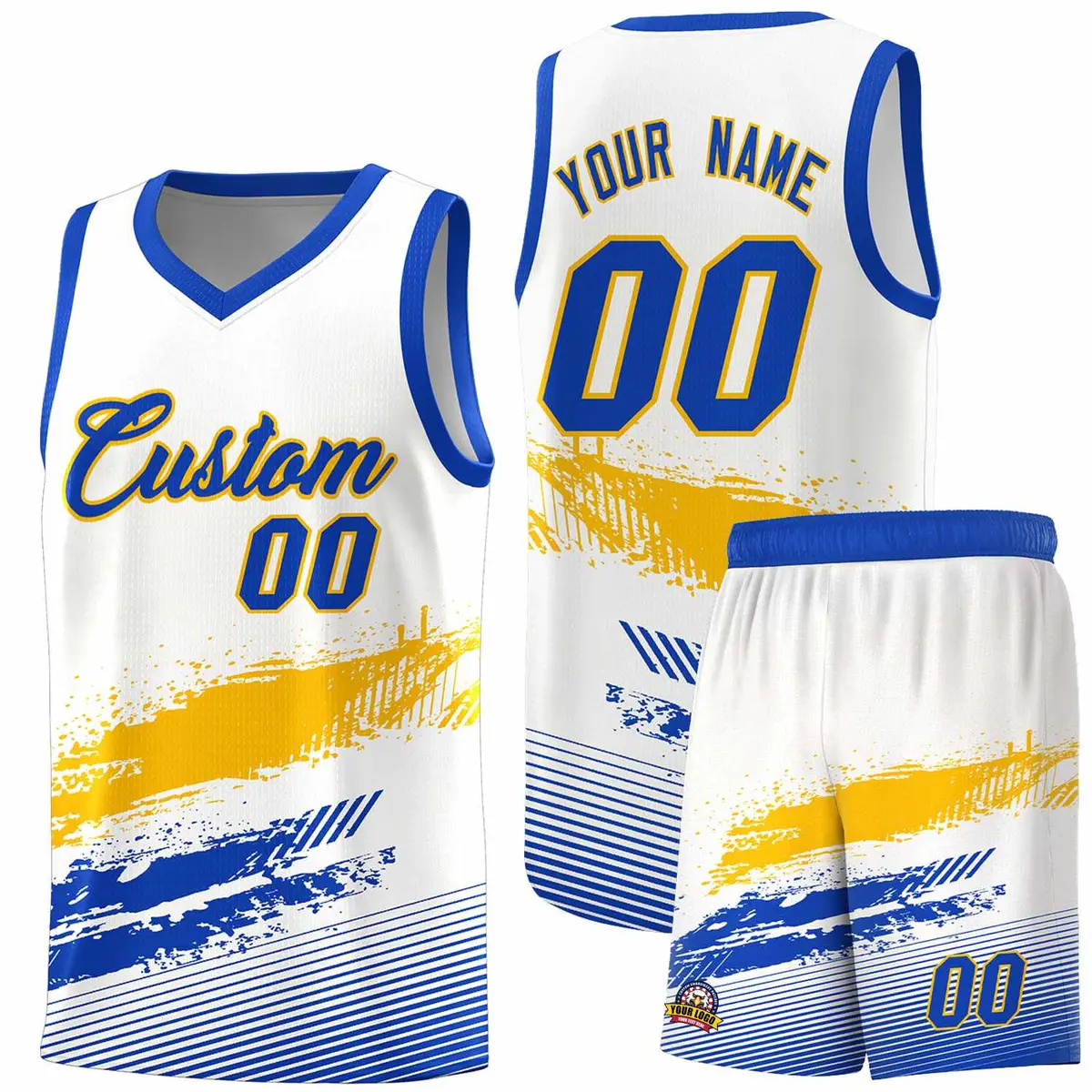 White Yellow and Royal Graffiti Pattern Basketball Jersey