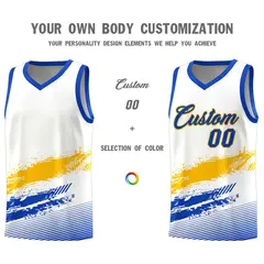 White Yellow and Royal Graffiti Pattern Basketball Jersey 3