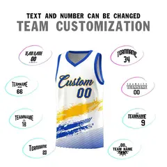 White Yellow and Royal Graffiti Pattern Basketball Jersey 4