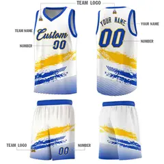 White Yellow and Royal Graffiti Pattern Basketball Jersey 5