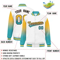 White Yellow-Aqua Gradient Raglan Full-Snap Varsity Baseball Jacket 2