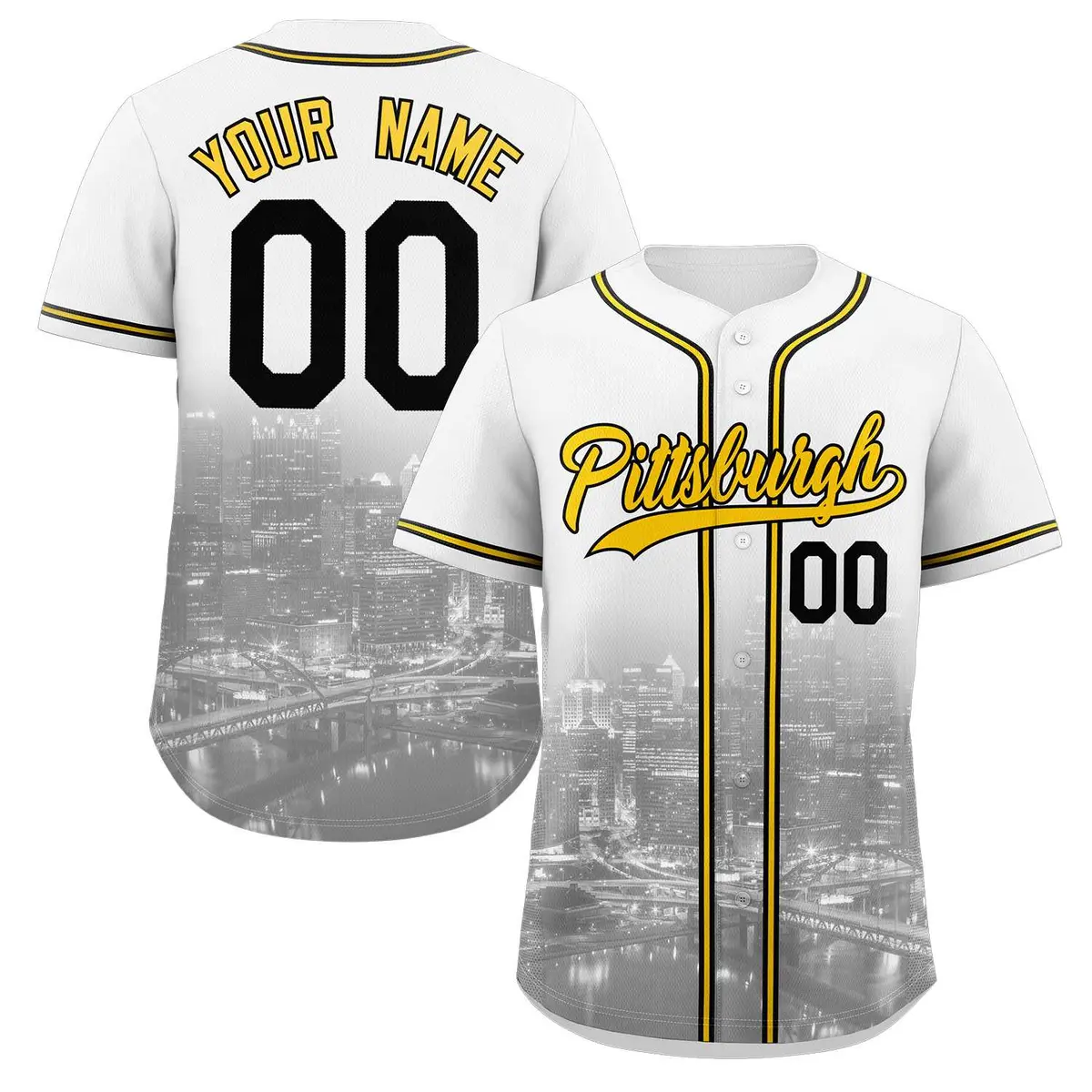 White Yellow-Black Pittsburgh City Skyline Baseball Jersey