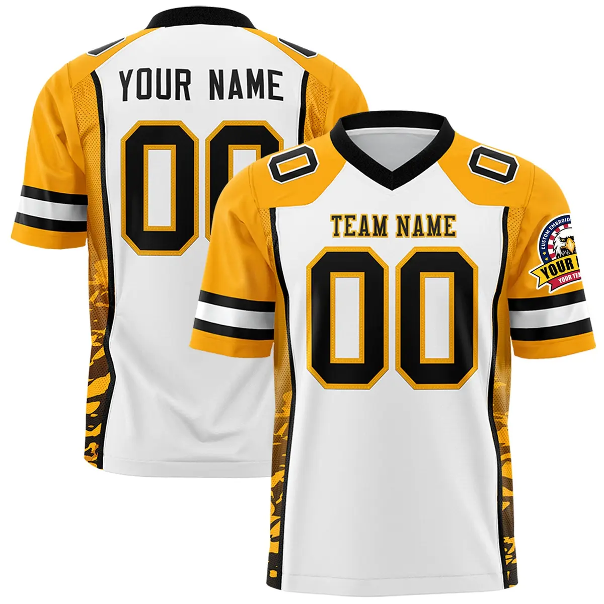 White Yellow-Black Raglan Side Pattern Football Jersey