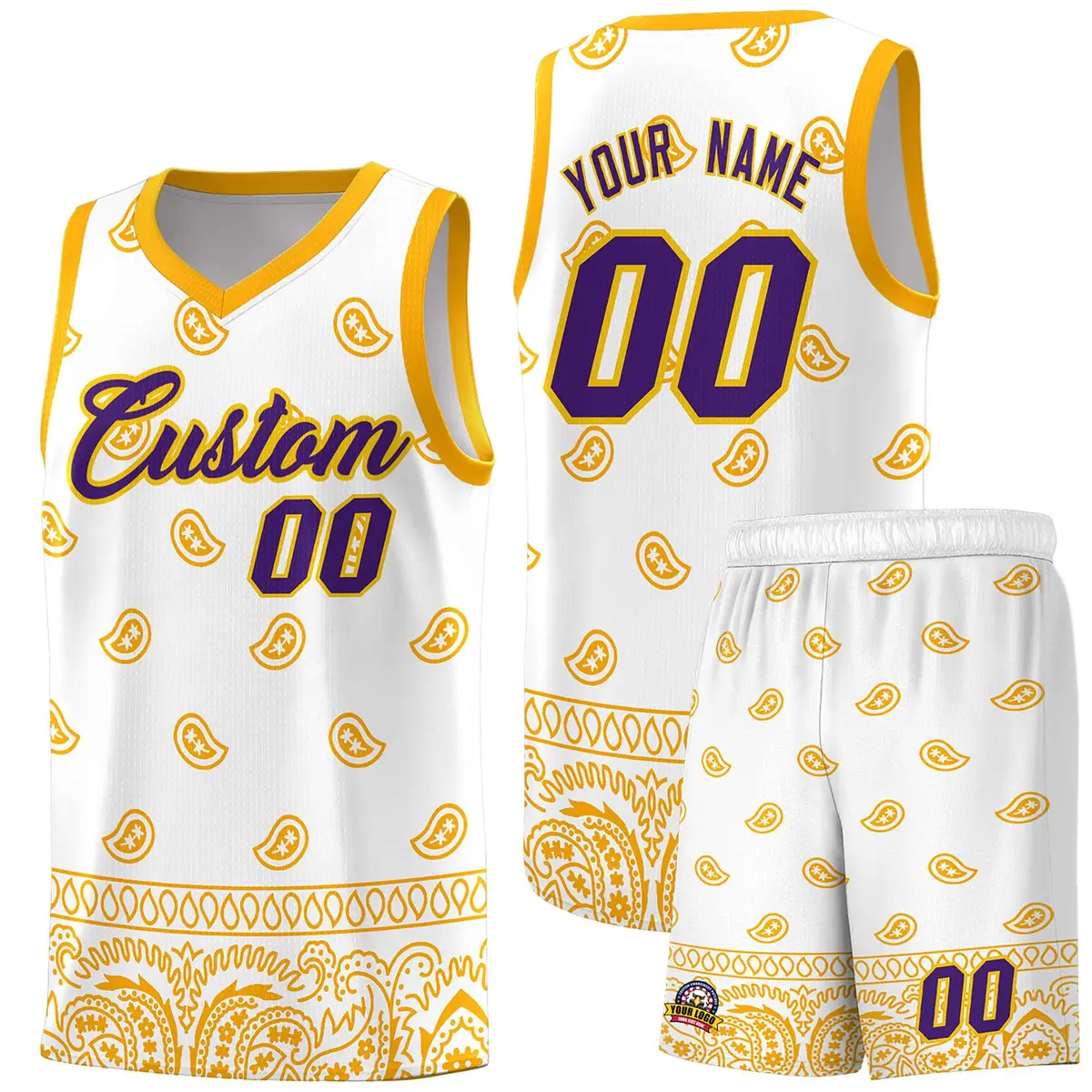 White Yellow Cashew Pattern Team Basketball Jersey