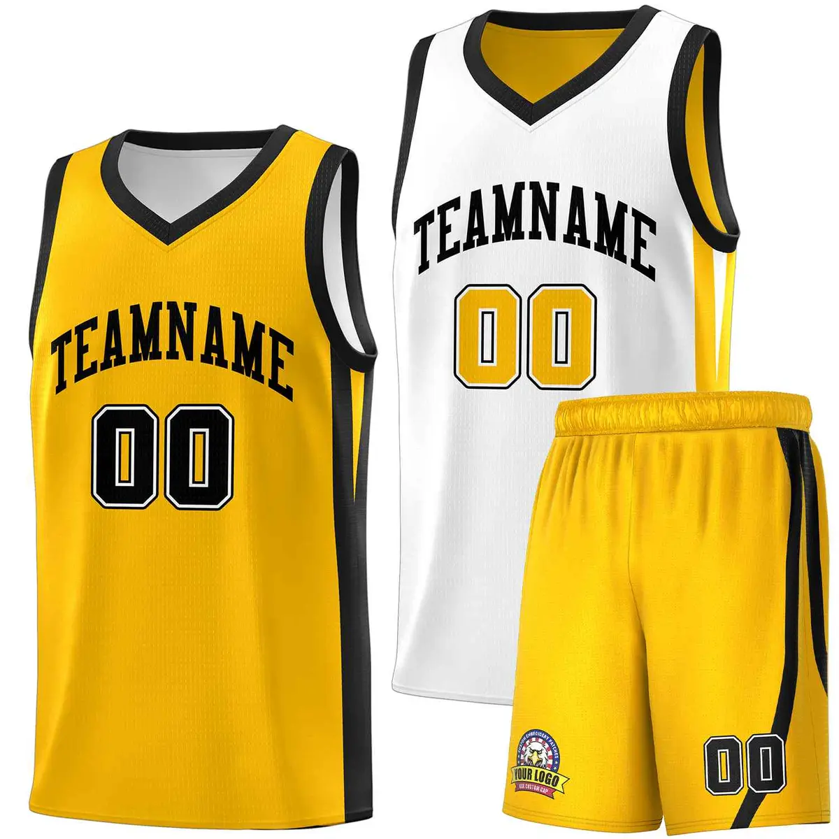 White Yellow Double Side Men Basketball Jersey Sets