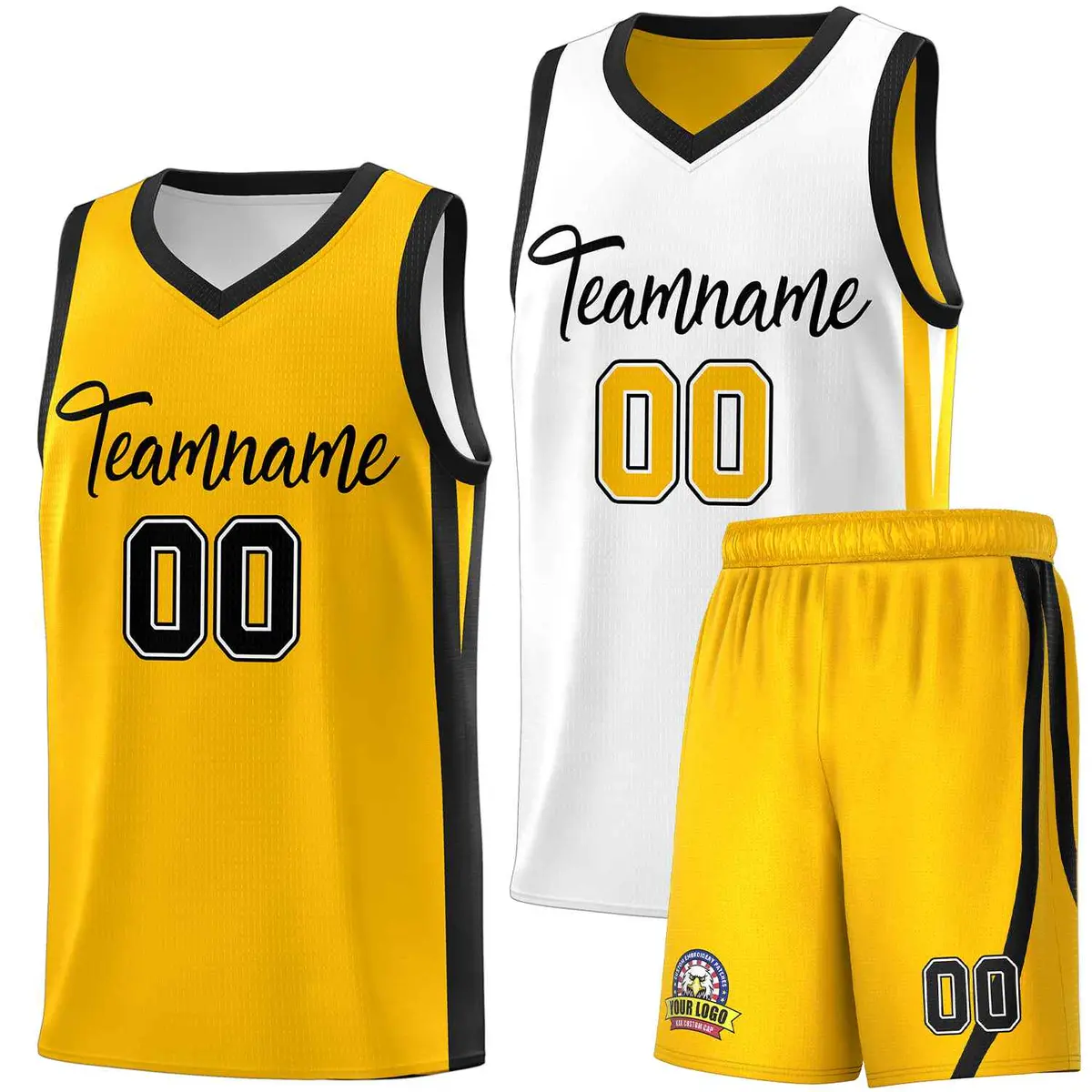 White Yellow Double Side Men Basketball Jersey Sets
