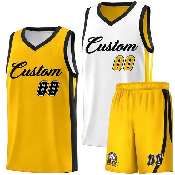 White Yellow Double Side Men Basketball Jersey Sets