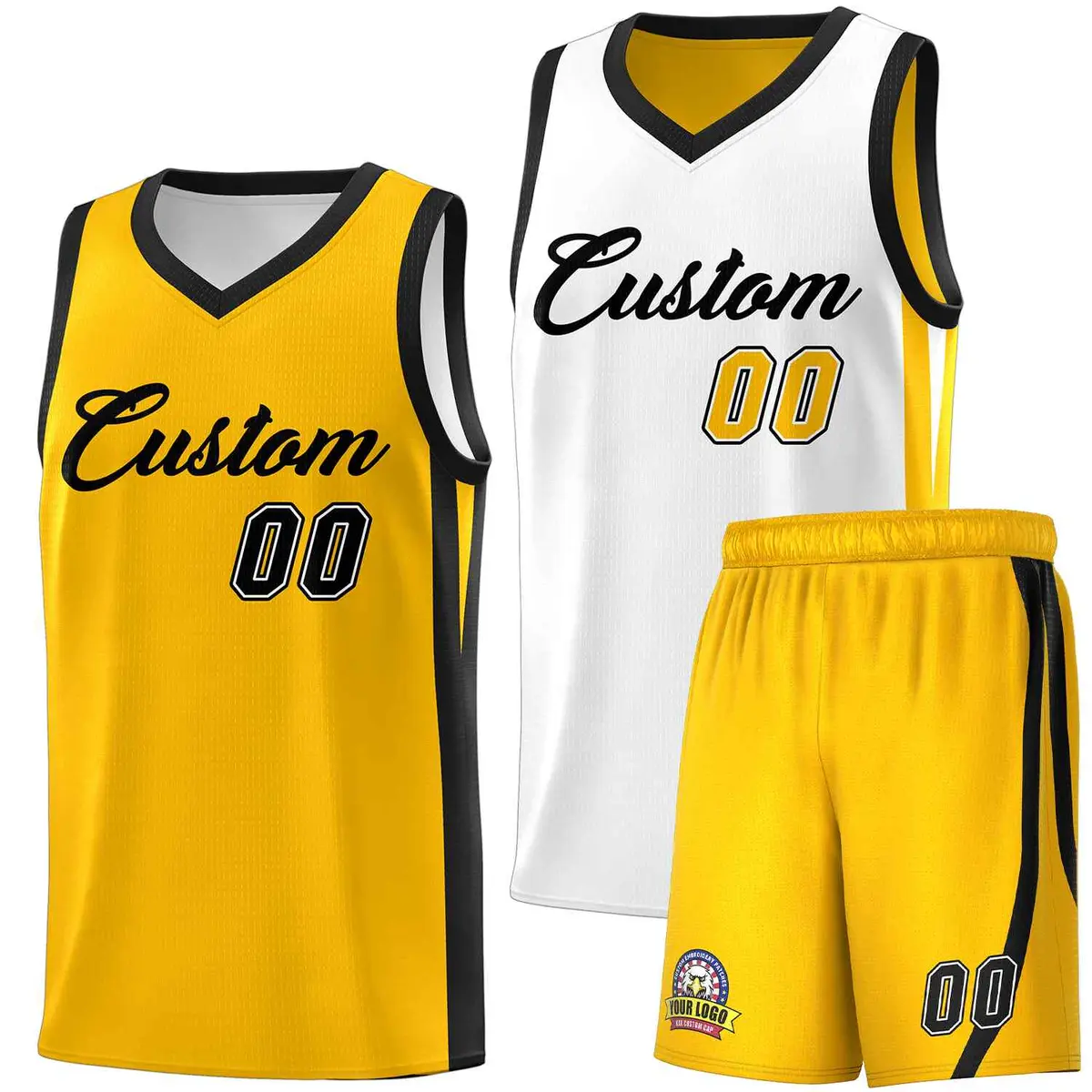 White Yellow Double Side Men Basketball Jersey Sets