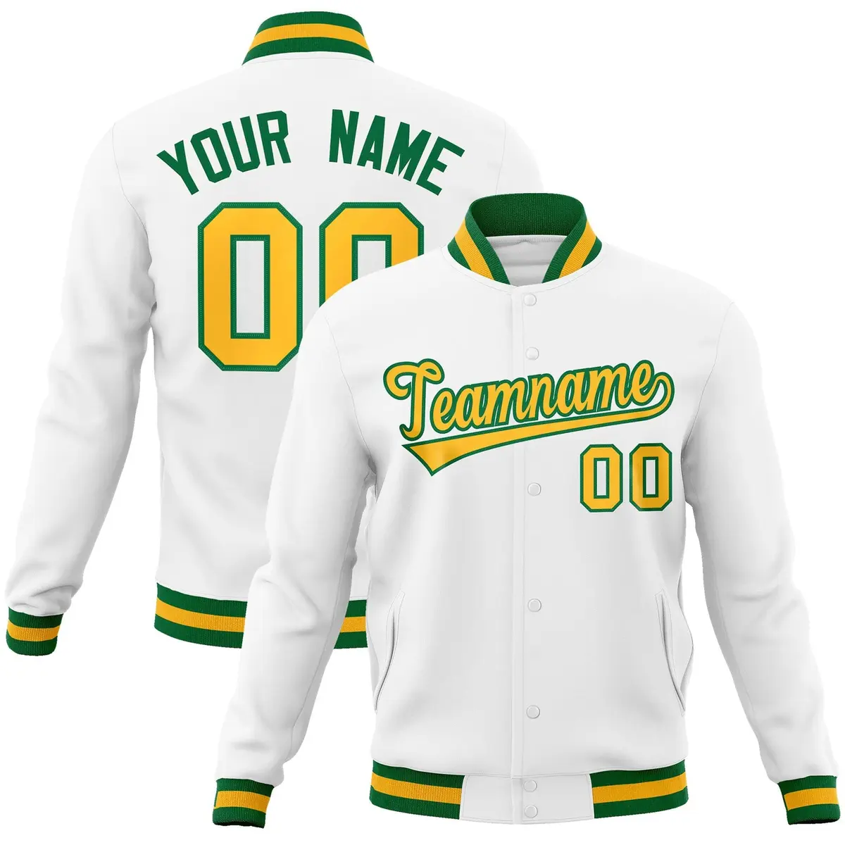 White Yellow-Green Varsity Full-Snap Letterman Jacket