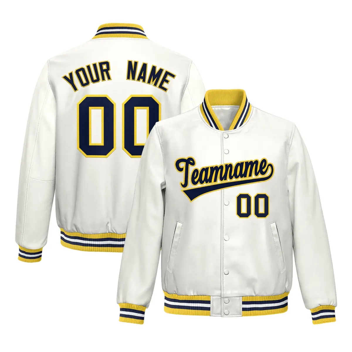 White Yellow Navy Full-Snap Varsity Faux Leather Letterman Jacket