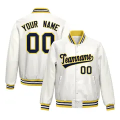 White Yellow Navy Full-Snap Varsity Faux Leather Letterman Jacket 1