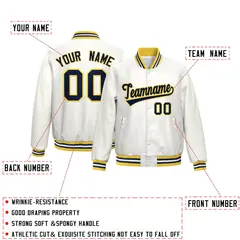 White Yellow Navy Full-Snap Varsity Faux Leather Letterman Jacket 2