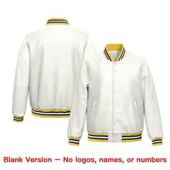 White Yellow Navy Full-Snap Varsity Faux Leather Letterman Jacket 6