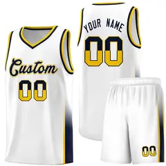 White Yellow Navy Two Tone Font Basketball Jersey