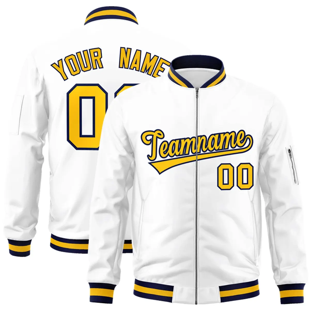 White Yellow-Navy Varsity Full-Zip Letterman Bomber Jacket