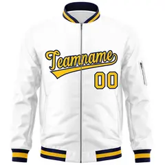 White Yellow-Navy Varsity Full-Zip Letterman Bomber Jacket 3