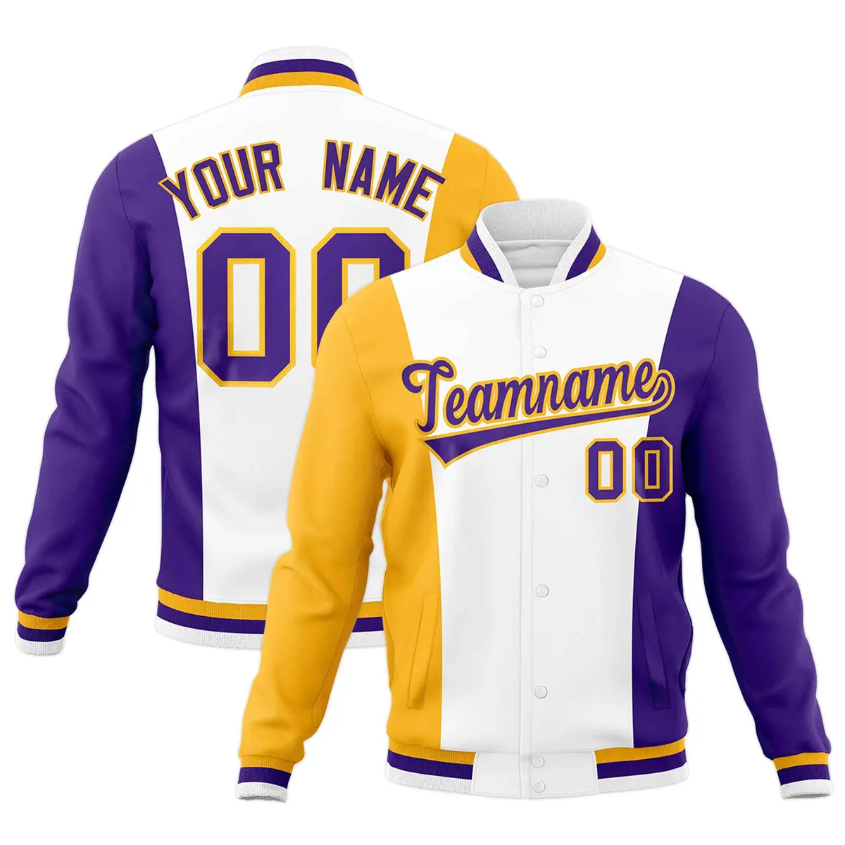 White Yellow Purple Color Block Varsity Letterman Jacket