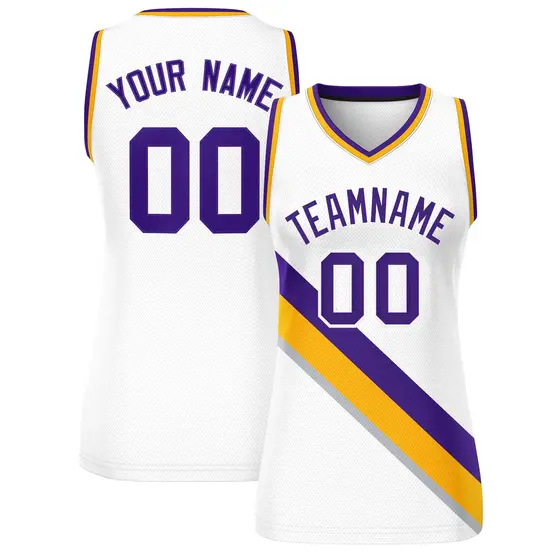 White Yellow-Purple Slash Mesh Basketball Jersey For Women