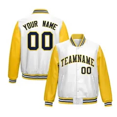 White Yellow Raglan Full-Snap Varsity Faux Leather Letterman Jacket
