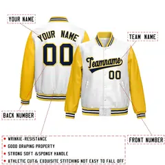 White Yellow Raglan Full-Snap Varsity Faux Leather Letterman Jacket 2