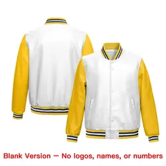 White Yellow Raglan Full-Snap Varsity Faux Leather Letterman Jacket 6