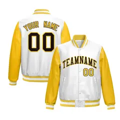 White Yellow Raglan Full-Snap Varsity Faux Leather Letterman Jacket
