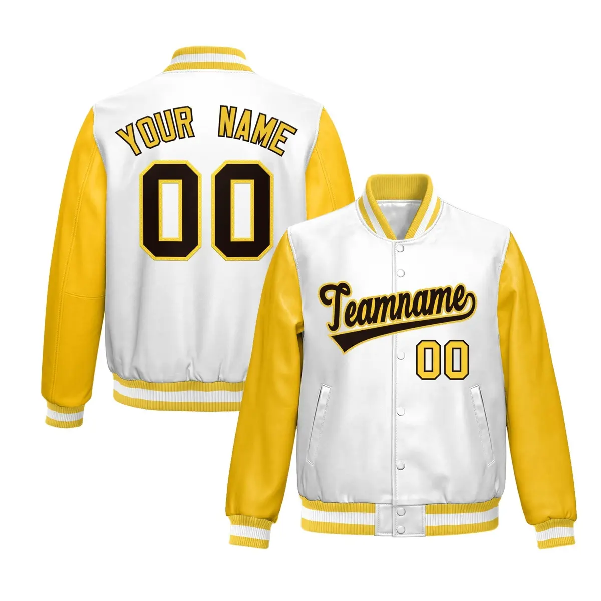 White Yellow Raglan Full-Snap Varsity Faux Leather Letterman Jacket