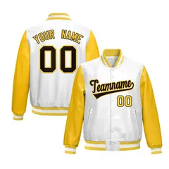 White Yellow Raglan Full-Snap Varsity Faux Leather Letterman Jacket 1