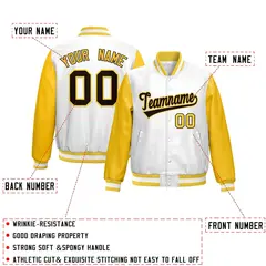 White Yellow Raglan Full-Snap Varsity Faux Leather Letterman Jacket 2