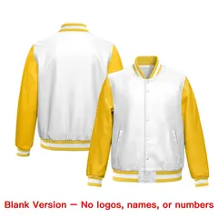 White Yellow Raglan Full-Snap Varsity Faux Leather Letterman Jacket 6