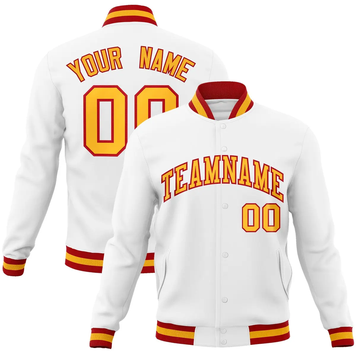 White Yellow-Red Classic Varsity Full-Snap Letterman Jacket