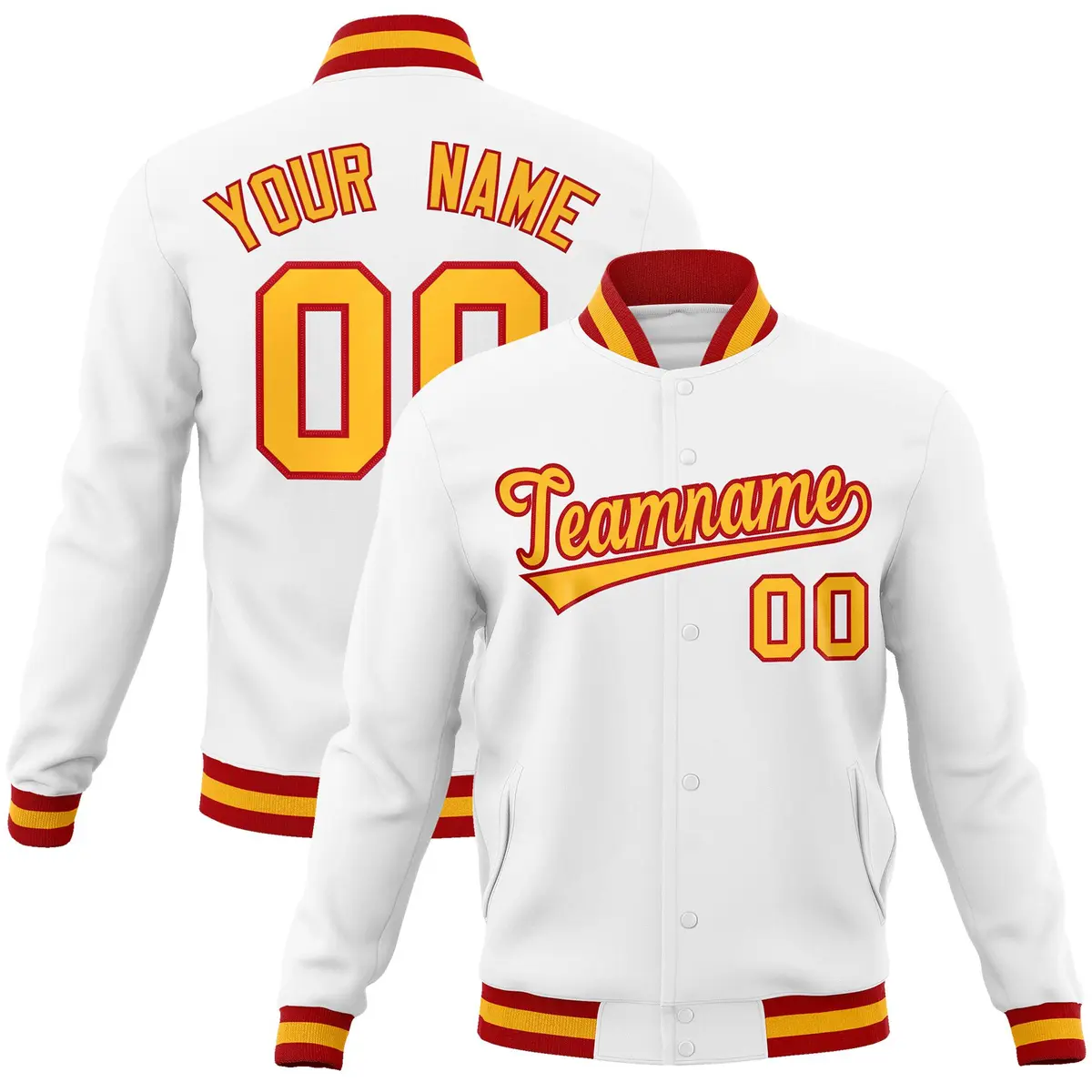 White Yellow-Red Classic Varsity Full-Snap Letterman Jacket