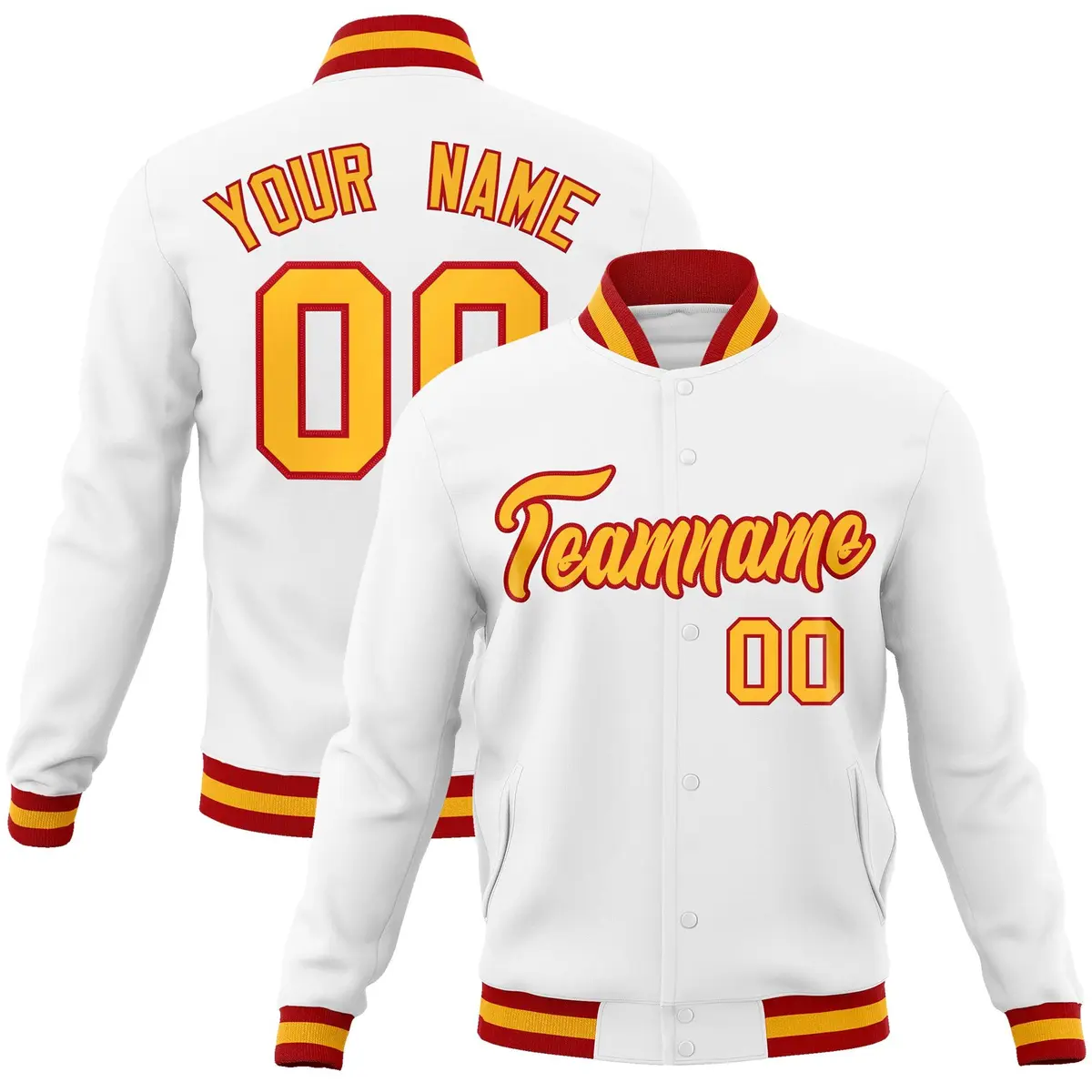 White Yellow-Red Classic Varsity Full-Snap Letterman Jacket