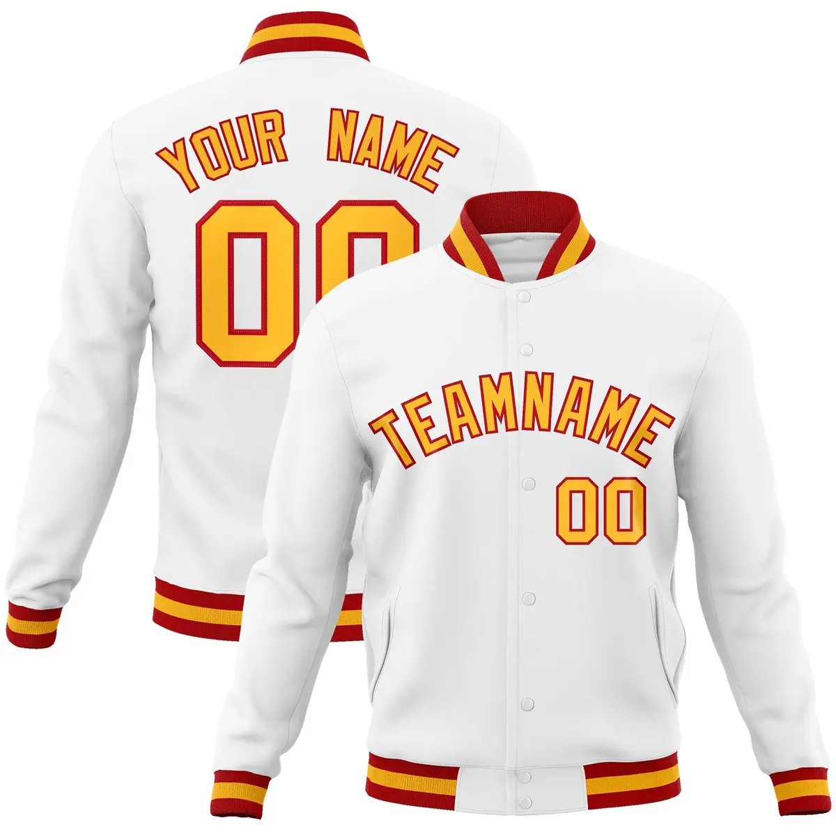 White Yellow-Red Classic Varsity Full-Snap Letterman Jacket