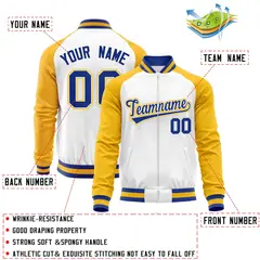 White Yellow Varsity Full-Zip Raglan Letterman Baseball Jacket 4