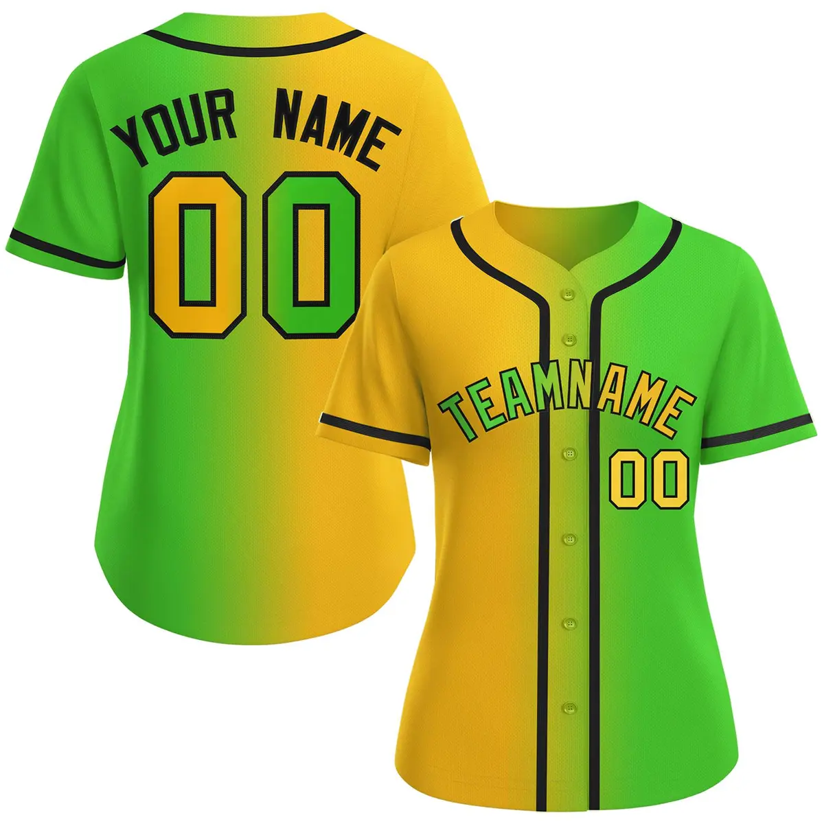 Women's Gold Green-Black Gradient Fashion Baseball Jersey