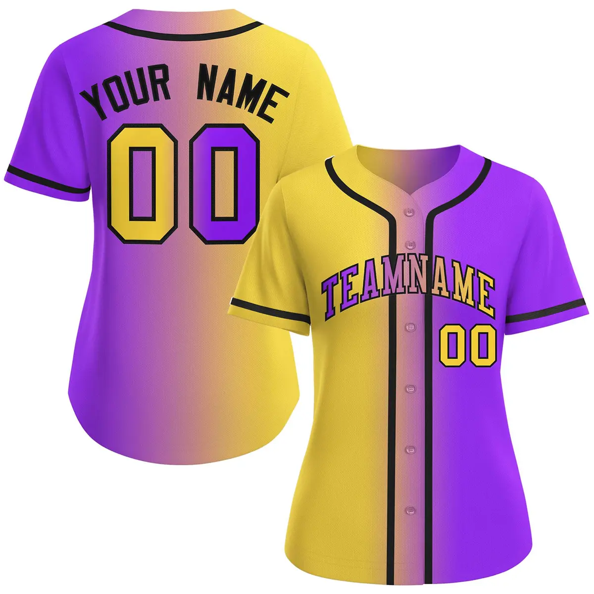 Women's Gold Purple-Black Gradient Fashion Baseball Jersey